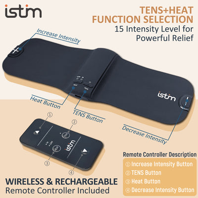 iStim X1 Wireless Heat TENS Unit Muscle Stimulator for Back Pain Relief - Rechargeable Massager with Remote Control,15 Intensity and Japanese Gel Pads