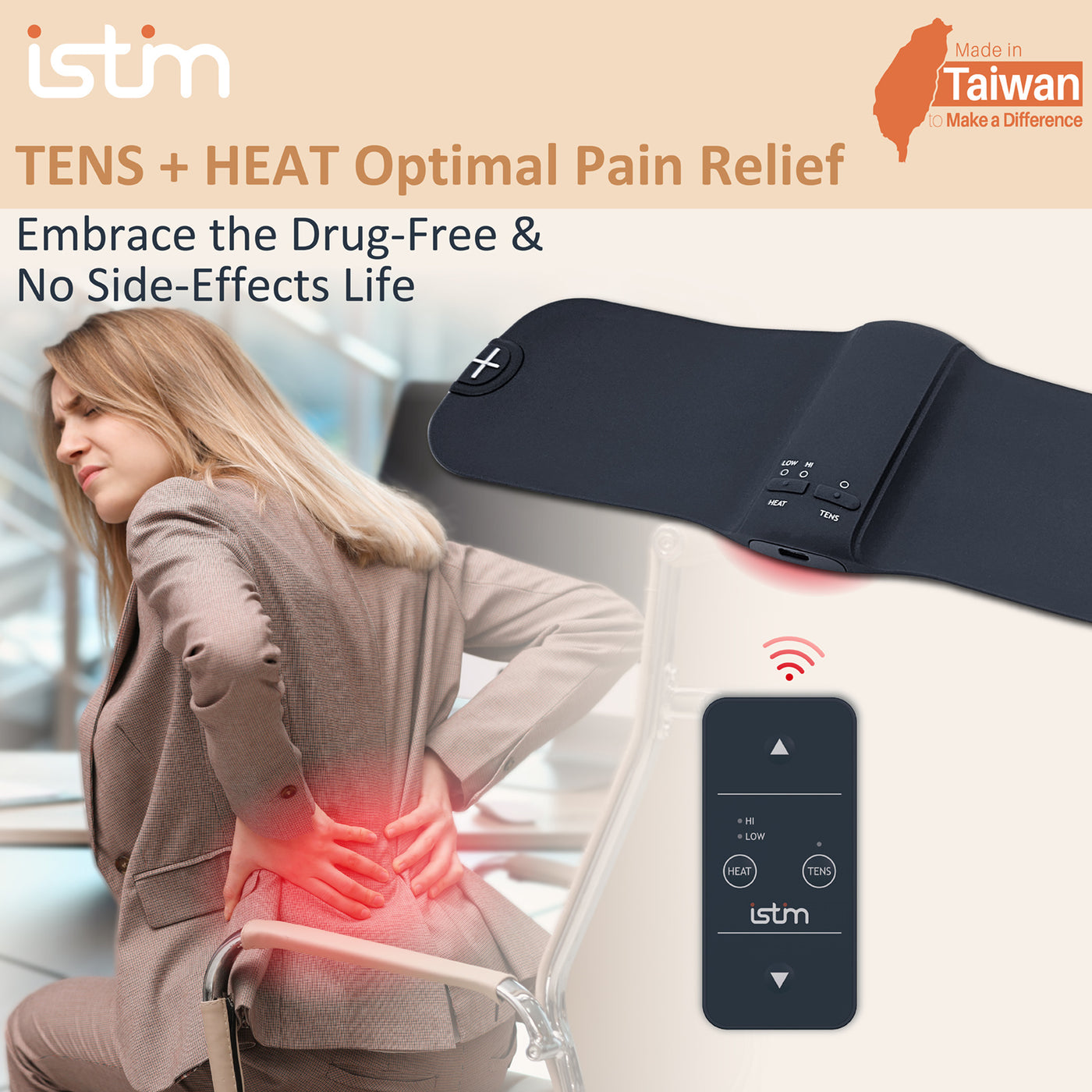 iStim X1 Wireless Heat TENS Unit Muscle Stimulator for Back Pain Relief - Rechargeable Massager with Remote Control,15 Intensity and Japanese Gel Pads