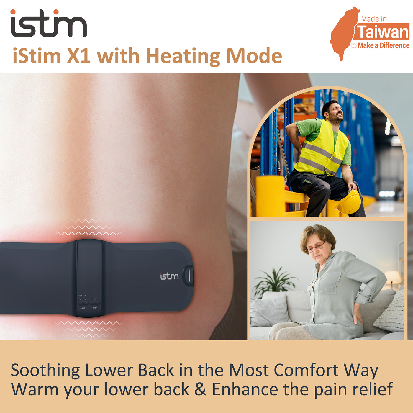 iStim X1 Wireless Heat TENS Unit Muscle Stimulator for Back Pain Relief - Rechargeable Massager with Remote Control,15 Intensity and Japanese Gel Pads