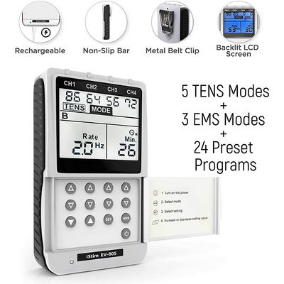 iSTIM EV-805 TENS EMS 4 Channel Rechargeable Combo Machine Unit - Muscle Stimulator + Back Pain Relief and Management- 24 Programs/Backlit (Including Electrodes Pads) - iStim