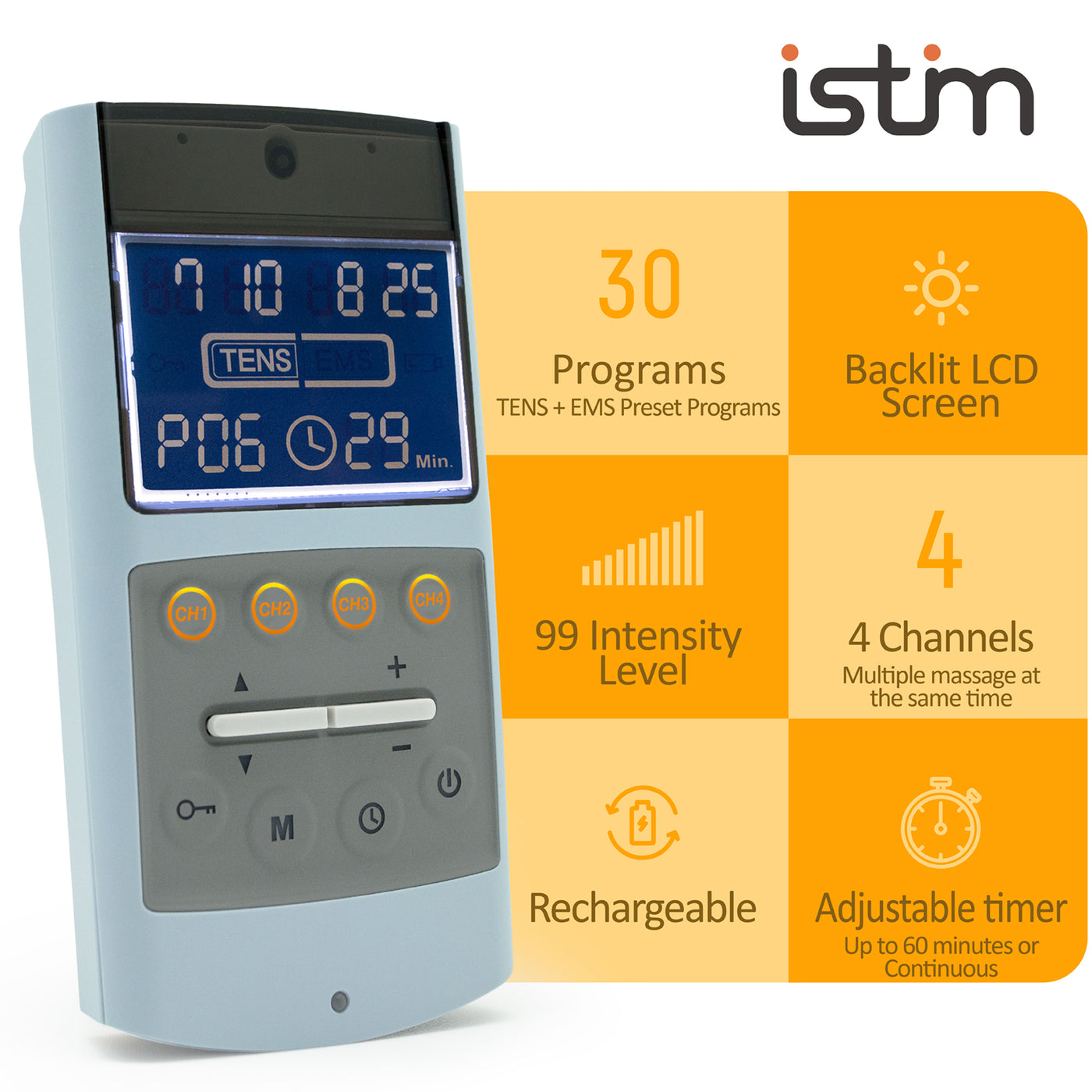 iSTIM EV-805 TENS EMS 4 Channel Rechargeable Combo Machine Unit - Muscle  Stimulator + Back Pain Relief and Management- 24 Programs/Backlit  (Including
