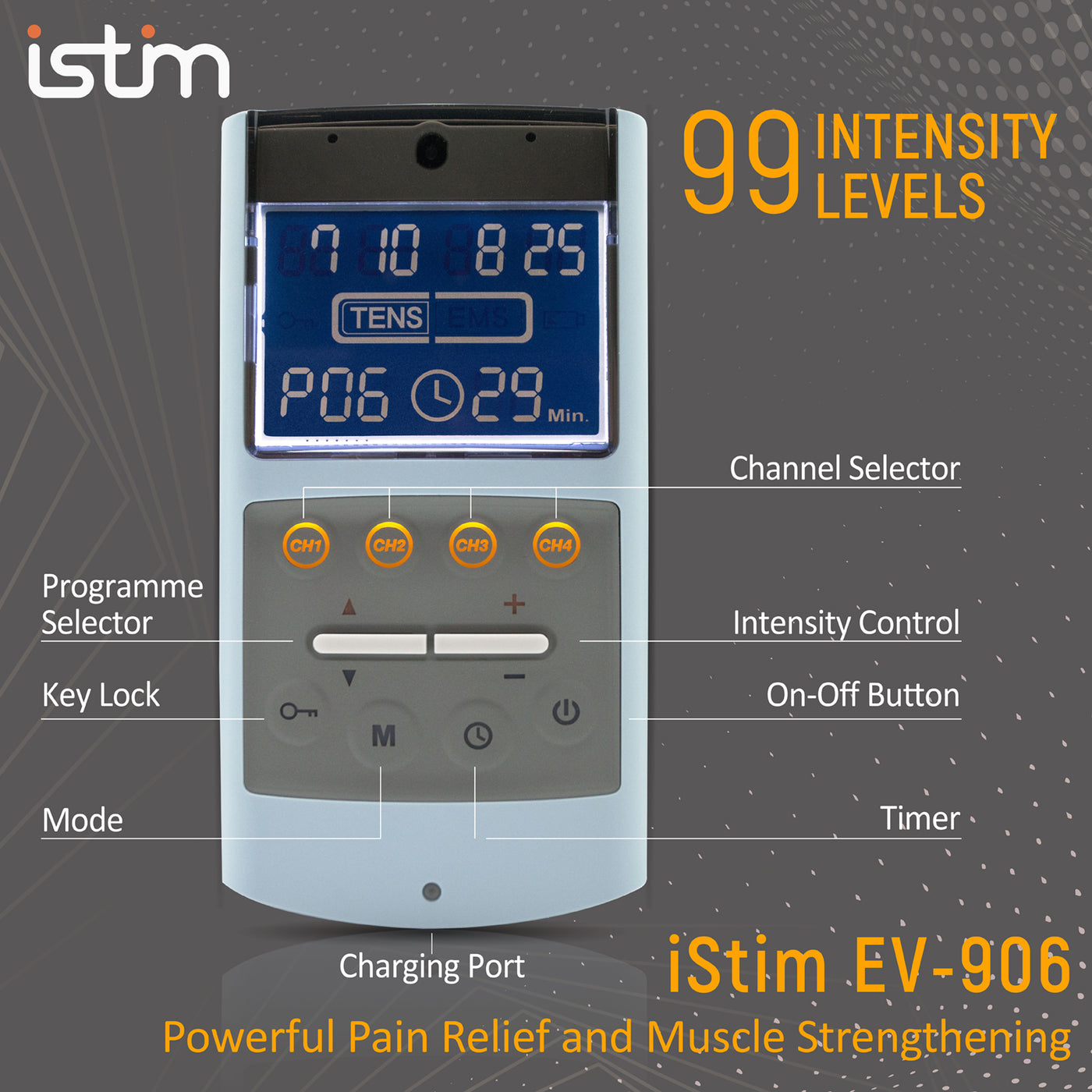 iStim EV-906 TENS EMS Combination Massager for Pain Relief and Muscle Strengthening, Japanese Gelled Electrodes Included