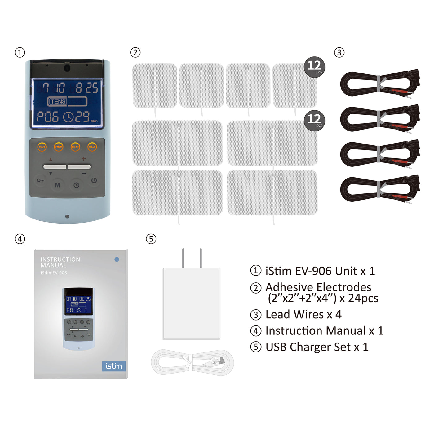 iStim EV-906 TENS EMS Combination Massager for Pain Relief and Muscle Strengthening, Japanese Gelled Electrodes Included